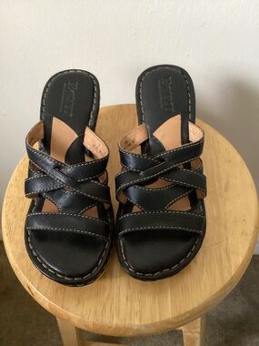 Born Black Leather Wedge Sandals
